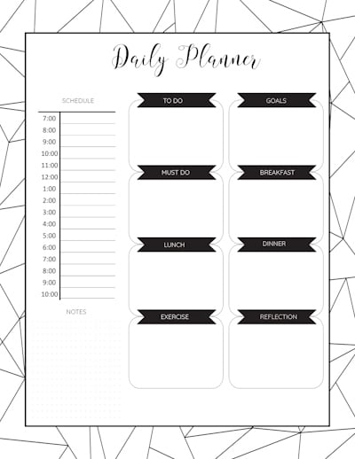 Black and white daily planner template with 8 sections