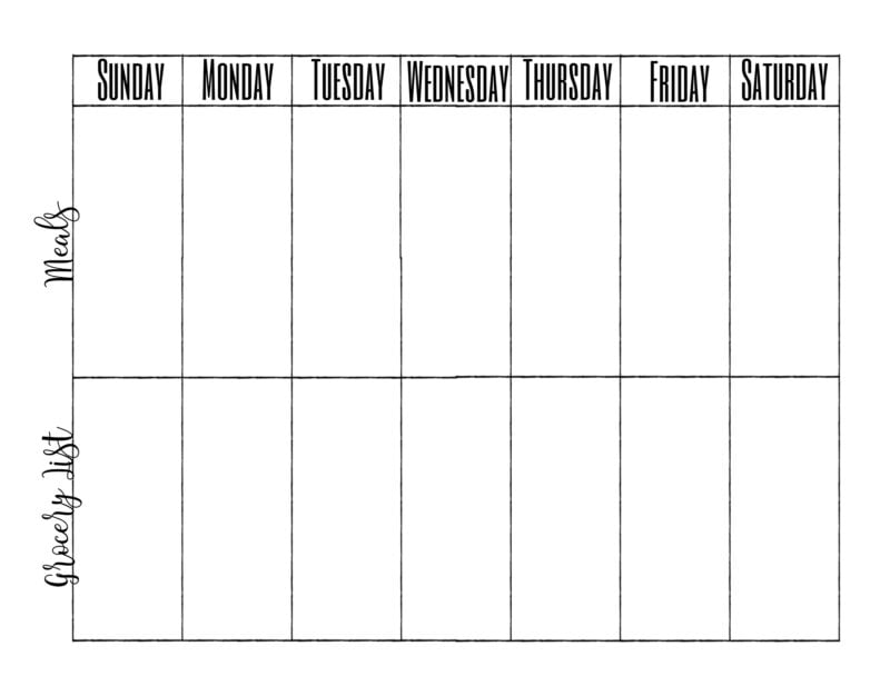weekly spread - sunday start - meals and grocery list